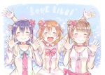  bangs blue_hair bokutachi_wa_hitotsu_no_hikari choker closed_eyes commentary_request dress earrings elbow_gloves flower gloves grey_hair hair_between_eyes hair_flower hair_ornament hand_up jewelry kousaka_honoka long_hair long_sleeves love_live! love_live!_school_idol_project minami_kotori multiple_girls one_side_up open_hand orange_hair outstretched_arm shijimi_kozou smile sonoda_umi text_focus 