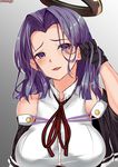  artist_name bare_shoulders black_gloves blush breasts buttons gloves highres kantai_collection large_breasts mechanical_halo open_mouth purple_eyes purple_hair red_ribbon remodel_(kantai_collection) ribbon sazamiso_rx short_hair solo tatsuta_(kantai_collection) 