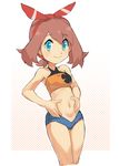  bad_id bad_pixiv_id blue_eyes brown_hair checkered checkered_background cropped_legs hairband haruka_(pokemon) highres looking_at_viewer midriff navel nyonn24 pokemon pokemon_(game) pokemon_oras short_shorts shorts solo stomach tank_top 