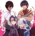  2girls ahoge arash_(fate) arjuna_(fate/grand_order) blush brown_eyes brown_hair brynhildr_(fate) chain closed_eyes crossed_arms dark_skin drooling fate/grand_order fate/prototype fate/prototype:_fragments_of_blue_and_silver fate_(series) feathers fur_trim hair_feathers headpiece heart highres jeanne_d'arc_(alter)_(fate) jeanne_d'arc_(fate)_(all) long_hair multiple_boys multiple_girls one_eye_closed open_mouth silver_hair sweatdrop yellow_eyes yukihama 