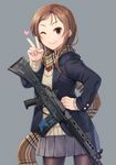  &gt;_&lt; ;) assault_rifle black_jacket blazer brown_eyes brown_hair brown_legwear brown_scarf closed_mouth cowboy_shot forehead grey_background grey_skirt gun hair_ornament hairclip hand_on_hip hand_up heart highres howa_type_89 itou_(onsoku_tassha) jacket legs_apart lips long_sleeves looking_at_viewer miniskirt one_eye_closed open_blazer open_clothes open_jacket original pantyhose pleated_skirt red_neckwear rifle scarf school_uniform sidelocks simple_background skirt smile smiley_face solo standing v weapon 