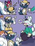  ! 3_fingers 3_toes ? ambiguous_gender animal_crossing anthro black_fur blue_hair blush cake_frump canine claws clothed clothing comic costume crown digital_drawing_(artwork) digital_media_(artwork) duo feet flat_cap foot_fetish fox fur furry_character_wearing_fursuit fursuit hair hat kicks_(animal_crossing) male mammal nintendo open_mouth orange_fur overalls pink_nose purple_background red_hair rubber sequence shiny simple_background skunk smile sound_effects star tanukeki toes video_games white_fur zipper 