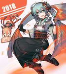 2018 ahoge animal aqua_eyes aqua_hair black_gloves black_hairband boots chinese_zodiac combat_boots commentary cross-laced_footwear dog flat_chest flower gloves hair_flower hair_ornament hairband hakama hatsune_miku highres japanese_clothes kimono kky lace-up_boots long_hair new_year obi sash shawl smile solo twintails vocaloid year_of_the_dog 