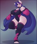  anthro big_breasts boxing_gloves breasts canine cape clothing collar conditional_dnp dog ear_piercing emblem female green_eyes hair hair_over_eye horn husky hybrid legwear mammal multicolored_hair muscular muscular_female open_mouth piercing purple_hair solo stockings superhero thigh_highs toes wide_hips wynter wyntersun 