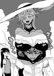  2girls absurdres adjusting_eyewear bare_shoulders black_hair blush breast_rest breasts breasts_on_head character_request choker closed_eyes commentary doctor_masube fangs glasses greyscale hair_over_one_eye hat highres hug hug_from_behind huge_breasts jealous large_hat long_hair lucretia_(doctor_masube) monochrome multiple_girls necktie opaque_glasses open_mouth original school_uniform sketch smile sun_hat thick_eyebrows vest 
