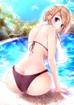  :o arm_support ass back bangs bikini blue_sky blurry blurry_background breasts bush character_name cloud cloudy_sky commentary_request day depth_of_field earrings eyebrows_visible_through_hair from_behind highres jewelry kozakura_shiori leaning_to_the_side light_brown_hair light_particles lips looking_at_viewer looking_back original outdoors parted_lips pool poolside purple_bikini purple_eyes shi-2 shiori_no_uso_wa_yo_no_makoto short_hair sideboob sky soaking_feet solo sparkle swimsuit towel towel_around_neck white_towel 