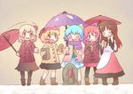  :d aki_minoriko aki_shizuha animal_ears aqua_vest arinu bag black_legwear blonde_hair blue_hair blue_skirt blush bow brown_coat brown_footwear brown_hair brown_skirt closed_eyes coat cold dress eating food geta hair_bow hair_ornament hat holding holding_umbrella hood hood_down hooded_coat imaizumi_kagerou jizou juliet_sleeves leaf_hair_ornament long_hair long_sleeves multiple_girls open_mouth paper_bag pink_coat pink_skirt puffy_sleeves purple_bow purple_scarf purple_umbrella red_coat red_eyes red_hair red_hat red_umbrella scarf sekibanki short_hair skirt smile snow taiyaki tatara_kogasa touhou trembling umbrella wagashi white_dress winter winter_clothes wolf_ears 