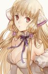  :o bare_shoulders blonde_hair blue_neckwear blue_ribbon breasts brown_eyes chii chobits detached_collar detached_sleeves dress eyebrows_visible_through_hair grey_background hankuri large_breasts long_hair looking_at_viewer neck_ribbon parted_lips ribbon robot_ears simple_background solo upper_body white_dress 