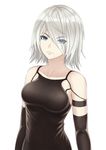  bare_shoulders black_gloves blue_eyes breasts collarbone elbow_gloves eyes_visible_through_hair gloves hair_over_one_eye highres medium_breasts mole mole_under_mouth nier_(series) nier_automata serious short_hair silver_hair simple_background solo white_background yorha_type_a_no._2 yuki7128 