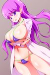  areola_slip areolae bangs bikini breast_hold breasts coat crossed_arms dutch_angle earrings eyebrows_visible_through_hair grey_background halter_top halterneck highres huge_breasts jewelry kirakira_precure_a_la_mode kotozume_yukari labcoat long_hair looking_at_viewer micro_bikini navel open_clothes open_coat open_mouth pearl_earrings precure purple_eyes purple_hair ryuuta_(cure_ryuuta) skindentation smile solo strap_gap string_bikini swimsuit very_long_hair 