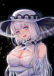  5555_96 :d azur_lane bangs bare_shoulders blue_eyes blunt_bangs blurry blurry_background blush breast_hold breasts cleavage cleavage_cutout dark_background dress elbow_gloves eyelashes gem gloves hair_ribbon hat head_tilt highres illustrious_(azur_lane) jewelry large_breasts long_hair looking_at_viewer necklace open_mouth pendant ribbon round_teeth shiny shiny_hair silver_hair sleeveless sleeveless_dress smile solo sun_hat teeth upper_body very_long_hair white_dress white_gloves white_hat 