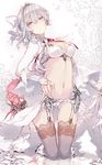  asymmetrical_hair bangs breasts cleavage commentary_request eyebrows_visible_through_hair fukuda935 full_body grey_eyes grey_hair hair_between_eyes kneeling lace lace-trimmed_thighhighs looking_at_viewer medium_breasts navel parted_lips petals short_hair_with_long_locks silver_hair sinoalice snow_white_(sinoalice) solo thigh_gap thighhighs 