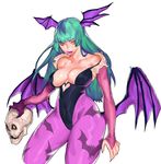  absurdres animal_print bangs bare_shoulders bat bat_print bat_wings black_leotard breasts bridal_gauntlets capcom cracked demon_girl green_hair head_wings heart_cutout highres holding large_breasts leotard licking_lips lipstick long_hair looking_at_viewer low_wings makeup morrigan_aensland navel open_mouth pantyhose photoshop_(medium) print_legwear purple_legwear purple_lipstick purple_wings simple_background skull smile solo succubus tongue tongue_out vampire_(game) white_background wings yellow_eyes zelus 