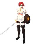  1girl blue_eyes boots boudica_(fate/grand_order) breasts cleavage fate/grand_order fate_(series) full_body highres juliet_sleeves long_sleeves medium_breasts navel o-ring_bikini o-ring_bottom o-ring_top official_art open_mouth ponytail puffy_sleeves red_hair shield short_hair skindentation smile solo sword thigh_boots thigh_strap thighhighs weapon 