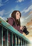  against_railing awestruck backpack bag blurry bokeh brown_eyes brown_hair camera commentary_request depth_of_field hair_ornament hairclip highres holding holding_camera hood hooded_jacket jacket long_hair looking_afar original parted_lips railing sky solo somehira_katsu sunset 