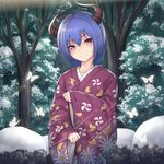  blue_hair blush bug butterfly day demon_horns eyebrows_visible_through_hair head_tilt highres horns insect japanese_clothes kimono long_sleeves looking_at_viewer original outdoors purple_eyes purple_kimono sleeves_past_wrists smile snow solo tree wide_sleeves winter yuki7128 