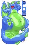  2015 animate_inanimate anthro blue_(character) digital_drawing_(artwork) digital_media_(artwork) dragon english_text feet green_pawpads hi_res hindpaw inflatable living_inflatable male nozzle nude open_mouth pawpads paws pool_toy rubber scalie shiny simple_background solo spikes stormdragonblue teeth text tongue white_background wings yellow_eyes 