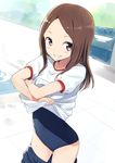  :d bangs blue_swimsuit blush brown_eyes brown_hair clothes_pull competition_school_swimsuit covered_navel cowboy_shot dutch_angle forehead gochou_(atemonai_heya) grin gym_shirt highlights karakai_jouzu_no_takagi-san lifted_by_self long_hair looking_at_viewer multicolored_hair name_tag one-piece_swimsuit open_mouth parted_bangs pool poolside puffy_short_sleeves puffy_sleeves shirt shirt_lift short_sleeves sidelocks smile solo standing swimsuit takagi-san teeth thighs water white_shirt 