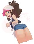  :d antenna_hair ass bad_id bad_pixiv_id bare_shoulders baseball_cap black_vest blue_eyes blue_shorts breasts brown_hair cropped_legs cutoffs exposed_pocket eyebrows eyelashes from_behind hat high_ponytail highres holding holding_poke_ball legs_together long_hair looking_at_viewer looking_back nyonn24 open_clothes open_mouth open_vest pocket poke_ball poke_ball_theme pokemon pokemon_(game) pokemon_bw shirt short_shorts shorts sidelocks small_breasts smile solo tank_top teeth tongue touko_(pokemon) vest white_background white_hat white_shirt wristband 