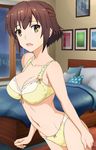  1girl bedroom bra breasts brown_hair etou_kanami large_breasts panties short_hair toji_no_miko yellow_bra yellow_panties 