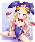  abigail_williams_(fate/grand_order) animal_ears bangs bare_shoulders black_bow black_hat blonde_hair blue_eyes blush bow bowtie breasts bunny_ears bunny_girl bunny_tail bunnysuit carrot covered_navel detached_collar fake_animal_ears fate/grand_order fate_(series) food hair_bow hat holding holding_food holding_vegetable leg_garter leotard long_hair looking_at_viewer nipples open_mouth orange_bow parted_bangs polka_dot polka_dot_bow sexually_suggestive small_breasts smile solo spread_legs squatting strapless strapless_leotard tail toraishi_666 very_long_hair wrist_cuffs 