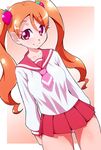  ass_visible_through_thighs breasts drill_hair eyebrows_visible_through_hair eyelashes food_themed_hair_ornament gradient gradient_background hair_ornament highres kirakira_precure_a_la_mode long_hair long_sleeves looking_at_viewer medium_breasts microskirt orange_hair panties pantyshot pink_background pink_eyes pink_panties pleated_skirt precure red_sailor_collar red_skirt ryuuta_(cure_ryuuta) sailor_collar school_uniform serafuku shirt skirt smile solo strawberry_hair_ornament taut_clothes taut_shirt twintails underwear usami_ichika 