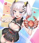  animal bangs bare_shoulders black_dress blue_eyes blush breasts cleavage cleavage_cutout commentary crab dress eyebrows_visible_through_hair fingernails hair_ornament hairclip heart heart-shaped_pupils highres holding holding_animal kaguya_luna kaguya_luna_(character) large_breasts long_hair nedia_(nedia_region) obi pointing sash sidelocks silver_hair sleeveless sleeveless_dress solo symbol-shaped_pupils thighhighs twintails virtual_youtuber wavy_mouth 