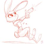  2017 action_pose bullet_shell clothed clothing disney female gun handgun hi_res judy_hopps lagomorph mammal monochrome pistol police_uniform pose rabbit ranged_weapon red_and_white shooting simple_background sketch small_tail solo uniform w4g4 weapon white_background zootopia 