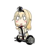  1girl absurdres blonde_hair bow braid chibi commentary_request crown dress flower french_braid hairband highres kantai_collection kinoko_(benitengudake) long_hair mini_crown off-shoulder_dress off_shoulder open_mouth red_bow red_flower red_rose riding rose segway simple_background smile solo turret warspite_(kantai_collection) white_background 