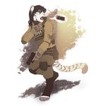  4_toes anthro black_hair clothed clothing digital_media_(artwork) digitigrade feline hair hitmore holding_object holding_weapon invalid_tag mammal open_mouth pink_nose smile solo standing teeth tiger toes tongue weapon 
