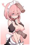  ;d apron bad_id bad_pixiv_id bare_shoulders blue_eyes blush borrowed_character breasts cleavage collar detached_sleeves ear_tag gradient gradient_background lactation maid_headdress medium_breasts navel one_eye_closed open_mouth original petting pink_hair smile solo_focus takagi_(tansuke) takagi_seiniku topless venus_symbol 