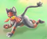  2016 3_fingers 3_toes abstract_background anthro black_nose clothed clothing costume digital_drawing_(artwork) digital_media_(artwork) feline fursuit green_background hi_res hindpaw litten male mammal nintendo pawpads paws pok&eacute;mon pok&eacute;mon_(species) red_pawpads rubber shiny simple_background solo stormdragonblue toes video_games 