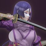  3d black_gloves bracer breasts fate/grand_order fate_(series) fingerless_gloves gloves holding holding_sword holding_weapon katana large_breasts leslyzerosix long_hair minamoto_no_raikou_(fate/grand_order) parted_lips purple_eyes purple_hair solo sword weapon 