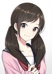  artist_request black_hair brown_eyes collarbone eyebrows_visible_through_hair hair_over_shoulder head_tilt highres iwamotochou_geinousha kurihara_sakurako long_hair neckerchief pink_sweater red_neckwear simple_background smile solo sweater twintails upper_body white_background 