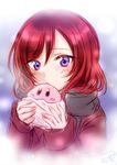  :t bangs black_scarf blurry blurry_background blush blush_stickers closed_mouth coat eating eyebrows_visible_through_hair food holding holding_food kirby kirby_(series) long_sleeves looking_at_viewer love_live! love_live!_school_idol_project nishikino_maki purple_background purple_eyes red_coat red_hair ric_(fwpbox) scarf shiny shiny_hair short_hair signature sketch solo swept_bangs upper_body wrapper 