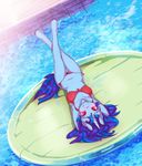  anthro bikini blue_hair clothed clothing day detailed_background equine female fruitbloodmilkshake hair hi_res hooves horn lying mammal navel outside smile solo swimsuit unicorn water wide_hips 