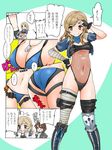  ass bandaged_leg bandages bikini blue_bikini breasts brown_eyes brown_hair character_request cleavage comic contrapposto covered_navel cropped_jacket dog_tags fingerless_gloves gloves jacket large_breasts leotard long_hair looking_at_another medium_breasts multiple_girls navel open_clothes open_jacket school_girl_strikers see-through shing_(sorairo_factory) shinonome_ryouko short_hair speech_bubble standing strap_gap swimsuit underboob 