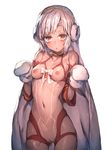  absurdres altera_(fate) altera_the_santa ass_visible_through_thighs bangs bare_shoulders blush breasts breasts_outside closed_eyes dark_skin detached_sleeves earmuffs fate/grand_order fate_(series) full_body_tattoo gloves halterneck highres looking_at_viewer navel nipples open_mouth paid_reward patreon_reward pussy red_eyes redcomet revealing_clothes short_hair small_breasts solo standing tattoo veil white_gloves white_hair 