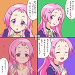  4koma :d absurdres aguri_(gamers!) blazer blush choker comic commentary condom gamers! hair_ornament hairclip highres jacket long_hair looking_at_viewer nude open_mouth pink_hair purple_eyes rifyu school_uniform smile sweat sweatdrop translated 