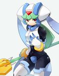  1girl android armor capcom green_hair holding holding_weapon pandora_(rockman) rockman rockman_zx sakuraba_(kirsche_x) simple_background solo staff tagme weapon 