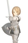  blonde_hair breastplate closed_mouth cowboy_shot faulds greaves green_eyes holding holding_sword holding_weapon keemu_(occhoko-cho) left-handed looking_at_viewer original outstretched_arm plate_armor shield shoulder_armor simple_background solo spaulders standing sword weapon white_background 