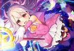  arm_up ascot bangs bare_shoulders blurry blush boots breasts cape clenched_hand commentary_request covered_navel depth_of_field detached_sleeves dress earrings fate/grand_order fate/kaleid_liner_prisma_illya fate_(series) feathers floating_hair foreshortening from_above gloves glowing hair_feathers highres holding holding_wand illyasviel_von_einzbern jewelry kaleidostick leg_up light_particles long_hair looking_at_viewer looking_up magic magical_girl magical_ruby nayuta_(una) open_mouth outstretched_arm pink_dress pink_footwear prisma_illya red_eyes saint_quartz shiny shiny_clothes shiny_hair short_dress sidelocks silver_hair small_breasts solo star sweatdrop tearing_up thigh_boots thighhighs v-shaped_eyebrows wand white_cape white_feathers white_gloves wind yellow_neckwear 