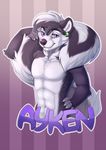  2018 abs anthro athletic ayken big_tail biped black_fur black_hair black_nose black_tail character_name cheek_tuft claws digital_media_(artwork) ear_piercing fluffy fluffy_tail foxysoul front_view fur hair half-length_portrait hand_on_hip hi_res holding_tail long_tail looking_at_viewer male mammal multicolored_fur multicolored_hair multicolored_tail name_badge nude obliques pattern_background pecs piercing portrait purple_eyes signature simple_background skunk solo striped_background tuft two_tone_fur two_tone_hair two_tone_tail white_fur white_hair white_tail 
