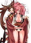  ass_visible_through_thighs assisted_exposure baiken breasts brown_eyes brown_hair china_dress chinese_clothes cleavage commentary_request detached_sleeves dress eyepatch facial_tattoo guilty_gear guilty_gear_xrd hair_ornament hair_ribbon hair_tubes hairclip highres impossible_clothes impossible_dress jako_(toyprn) kuradoberi_jam large_breasts long_hair medium_breasts multiple_girls no_bra obi one-eyed panties pink_eyes pink_hair ponytail ribbon sash scar scar_across_eye side-tie_panties skirt skirt_lift smile standing tattoo thighs underwear very_long_hair 