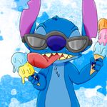  2013 4_fingers abstract_background alien blue_claws blue_fur blue_nose chest_tuft claws dessert digital_drawing_(artwork) digital_media_(artwork) disney experiment_(species) eyewear food fur harara head_tuft holding_food holding_object ice_cream ice_cream_cone licking lilo_and_stitch notched_ear open_mouth open_smile smile solo stitch sunglasses tongue tongue_out tuft 