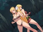  00s 2girls angry areolae bangs bikini blonde_hair blush breasts censored discipline drill_hair fighting_stance forest hair_bun hair_ribbon highres large_breasts legs long_hair looking_at_viewer looking_away morimoto_leona morimoto_reina multiple_girls nature navel nightmare_express purple_eyes pussy ribbon sideboob standing thighs tre 