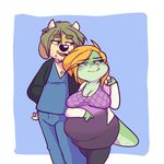  2017 aged_up anthro belly big_belly big_breasts big_tail black_nose blue_background blush body_hair bovine breasts cattle chest_hair cleavage clothed clothing crocodile crocodilian duo eyewear facial_hair female frannie_(sprocket) fur glasses green_fur green_hair green_skin hair hand_holding hand_on_hip hand_on_shoulder hand_on_stomach hi_res horn husband_and_wife jack_hudson jacket legwear male male/female mammal nurse nurse_uniform open_mouth orange_hair pregnant reptile ring romantic_couple sagging_breasts scalie scrubs simple_background snaggletooth sprocket_(artist) standing stockings tan_fur uniform wedding_ring white_background 