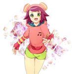  1girl bare_legs capcom child fingerless_gloves green_eyes hibiki_misora hood hoodie looking_at_viewer musical_note outstretched_arm patterned_background purple_hair reaching reaching_out rockman ryuusei_no_rockman sakuraba_(kirsche_x) short_hair shorts simple_background solo 