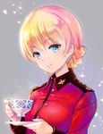  bangs blonde_hair blue_eyes blush braid closed_mouth cup darjeeling eyebrows_visible_through_hair girls_und_panzer gradient gradient_background grey_background holding holding_cup jacket light_particles long_sleeves looking_at_viewer military_jacket red_jacket saucer shiny shiny_hair smile solo st._gloriana's_military_uniform tareme teacup umipro upper_body 