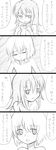  1girl 4koma :d adeltrud_walter blush breasts cleavage comic ernesti_echevalier fingers_together greyscale highres knight's_&amp;_magic long_hair monochrome open_mouth rifyu short_hair smile translation_request 